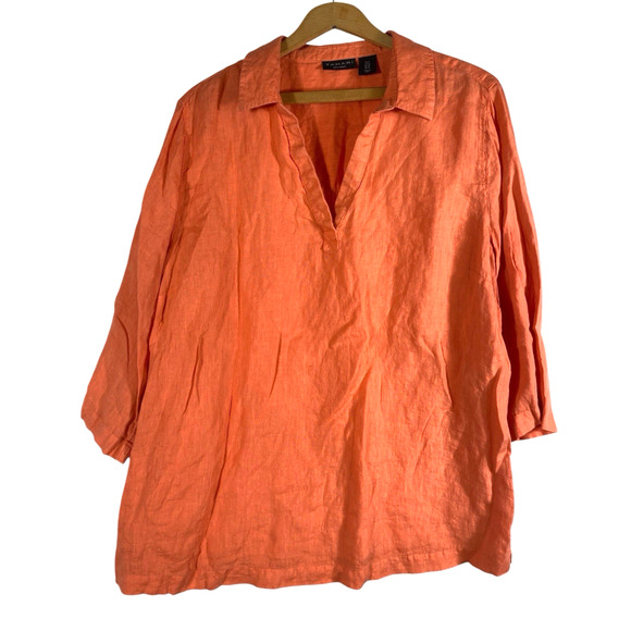Tahari Tunic Top Size 1X 100% Linen Pumpkin Orange V Neck Lagenlook Herbalist - Picture 1 of 8